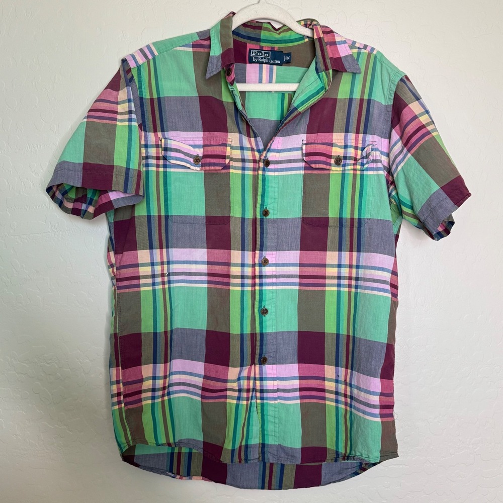 Polo Ralph Lauren Mens Cotton Shirt M Green Plaid Short Sleeve Madras Preppy